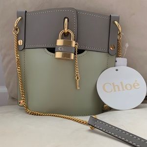 New CHLOE Shiny Calfskin Goatskin Mini Aby Bi-Color Bucket in Light Eucalyptus.